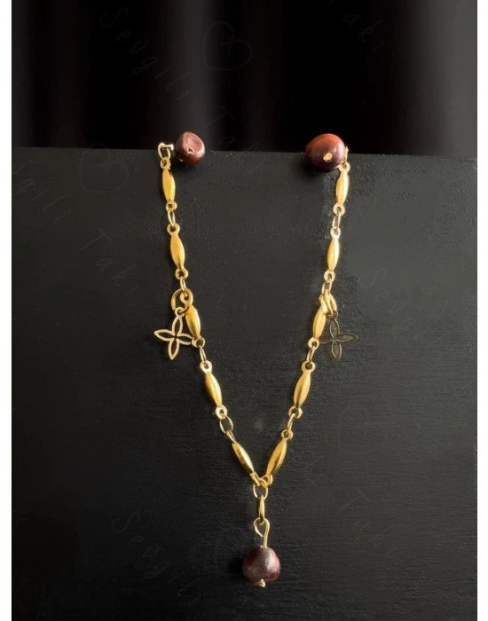 Kaplangözü Doğal Taşlı Bar Zincirli Gold Çelik Halhal | Güven Serisi