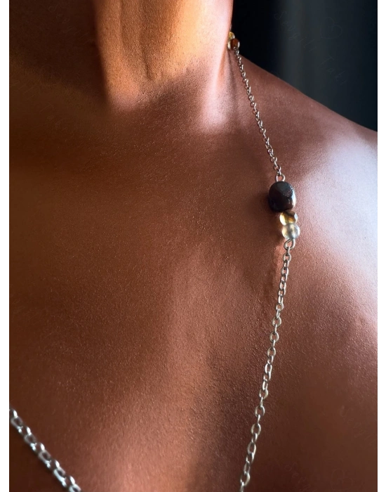 Kaplangözü ve Akik Doğal Taşlı Çelik Kolye | Batur Serisi