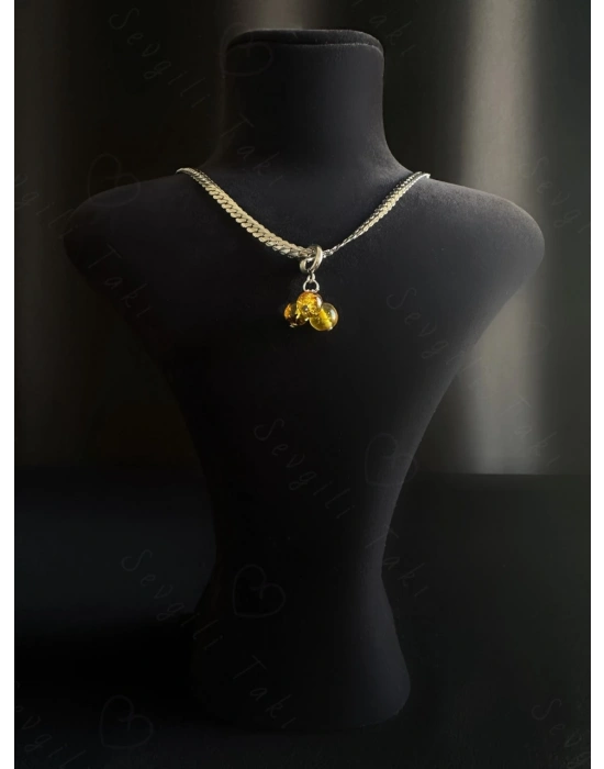 Kehribar Doğal Taşlı Çelik Kolye -Sirius Serisi