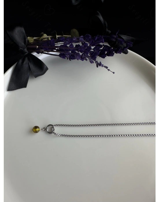 Kehribar Doğal Taşlı Çelik Zincir Çocuk Kolye | 777 Serisi