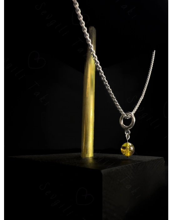 Kehribar Doğal Taşlı Çelik Zincir Çocuk Kolye | 777 Serisi