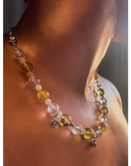 Kehribar Kristal Kuvars ve Akik Doğal Taşlı Çocuk Çelik Kolye -Koruma Serisi