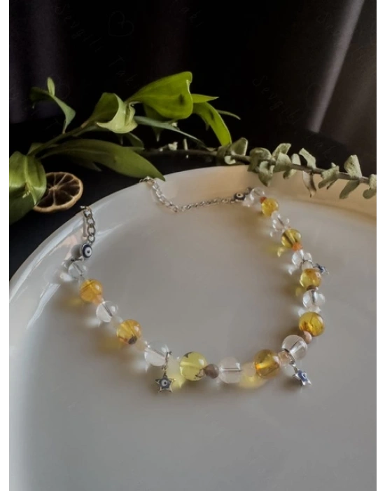 Kehribar Kristal Kuvars ve Akik Doğal Taşlı Çocuk Çelik Kolye -Koruma Serisi