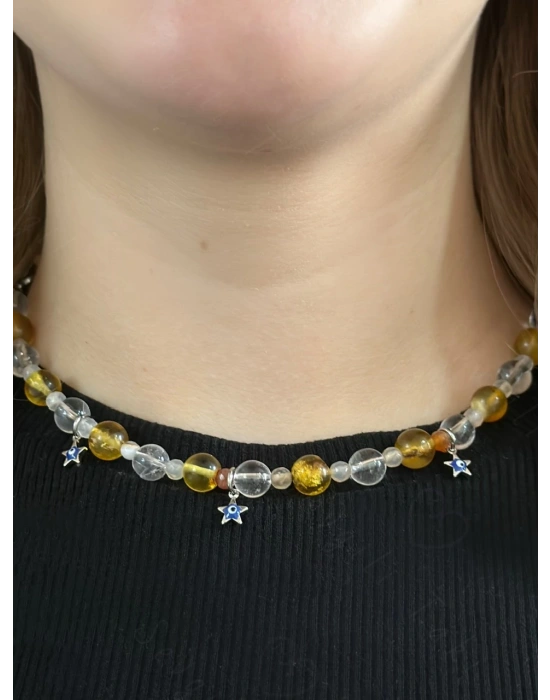 Kehribar Kristal Kuvars ve Akik Doğal Taşlı Çocuk Çelik Kolye -Koruma Serisi