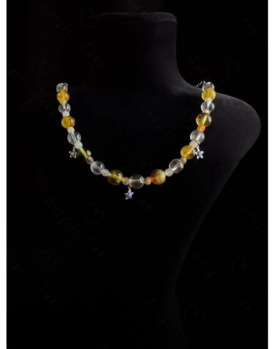 Kehribar Kristal Kuvars ve Akik Doğal Taşlı Çocuk Çelik Kolye -Koruma Serisi