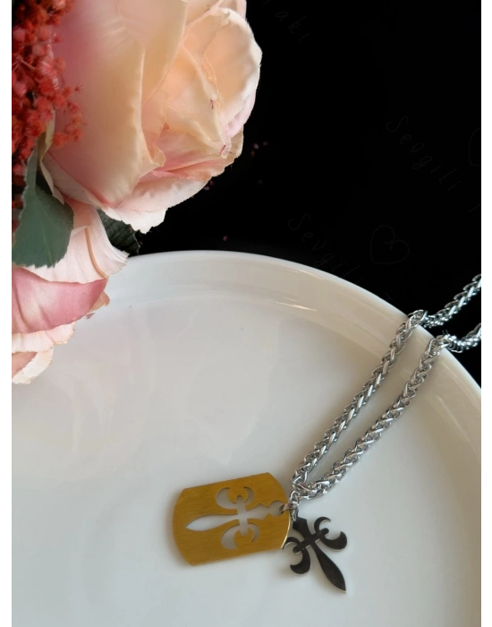 Kılıç Kalkan Charmlı İç İçe Geçmeli Burgu Model Silver Çelik Kolye | Sevgili Takı Koleksiyonu