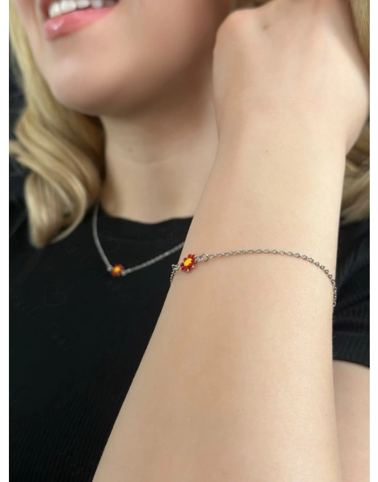 Kırmızı Papatya Charmlı Çelik Kolye ve Bileklik Takımı | Zemheri Serisi