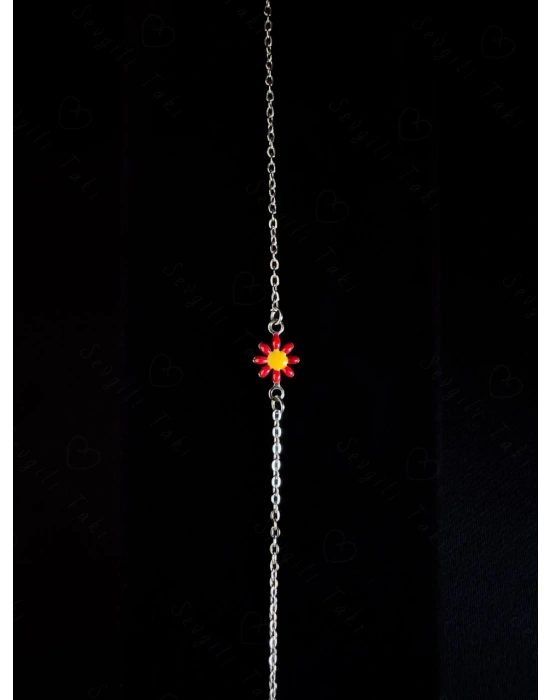 Kırmızı Papatya Charmlı Çelik Kolye ve Bileklik Takımı | Zemheri Serisi