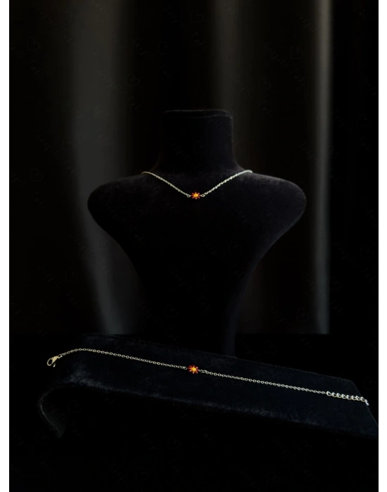 Kırmızı Papatya Charmlı Çelik Kolye ve Bileklik Takımı | Zemheri Serisi