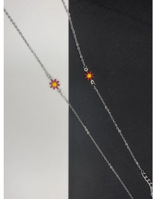 Kırmızı Papatya Charmlı Çelik Kolye ve Bileklik Takımı | Zemheri Serisi