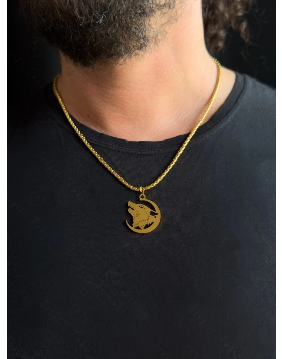 Kurt Başlı Kobra Zincirli Gold Çelik Kolye | Ata Serisi