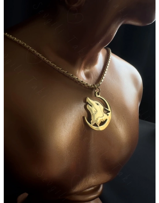 Kurt Başlı Kobra Zincirli Gold Çelik Kolye | Ata Serisi