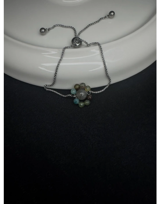 Labradorit ve Akik Doğal Taşlı Asansörlü Çelik Bileklik -Sevgili Takı Koleksiyonu