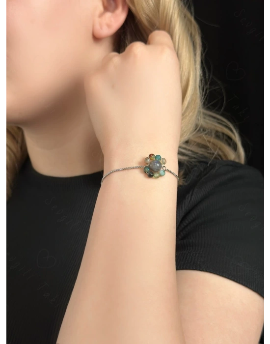Labradorit ve Akik Doğal Taşlı Asansörlü Çelik Bileklik -Sevgili Takı Koleksiyonu