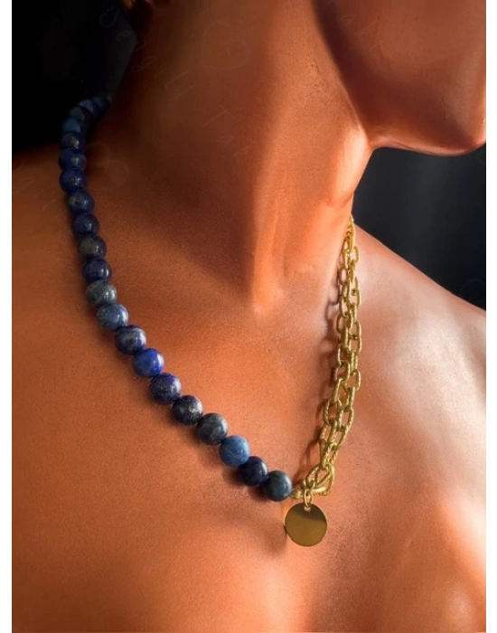 Lapis Lazuli Doğal Taş Kabartma Zincirli Gold Çelik Kolye | Sevgili Takı Koleksiyonu