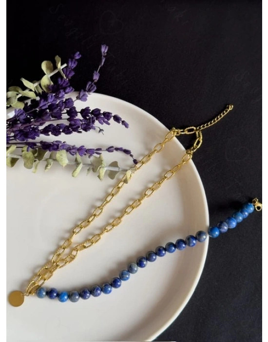 Lapis Lazuli Doğal Taş Kabartma Zincirli Gold Çelik Kolye | Sevgili Takı Koleksiyonu