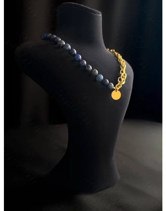 Lapis Lazuli Doğal Taş Kabartma Zincirli Gold Çelik Kolye | Sevgili Takı Koleksiyonu