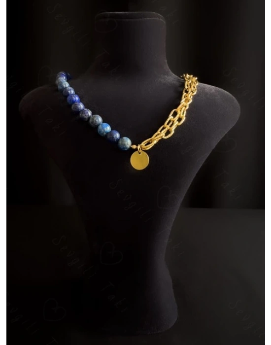 Lapis Lazuli Doğal Taş Kabartma Zincirli Gold Çelik Kolye | Sevgili Takı Koleksiyonu