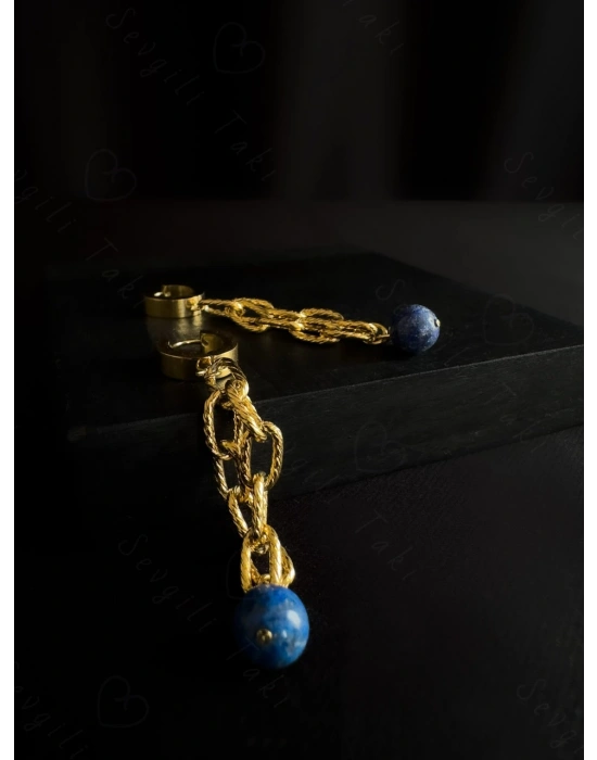 Lapis Lazuli Doğal Taşlı Gold Çelik Küpe | Sevgili Takı Koleksiyonu