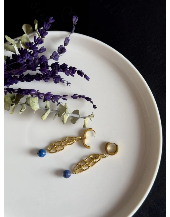 Lapis Lazuli Doğal Taşlı Gold Çelik Küpe | Sevgili Takı Koleksiyonu