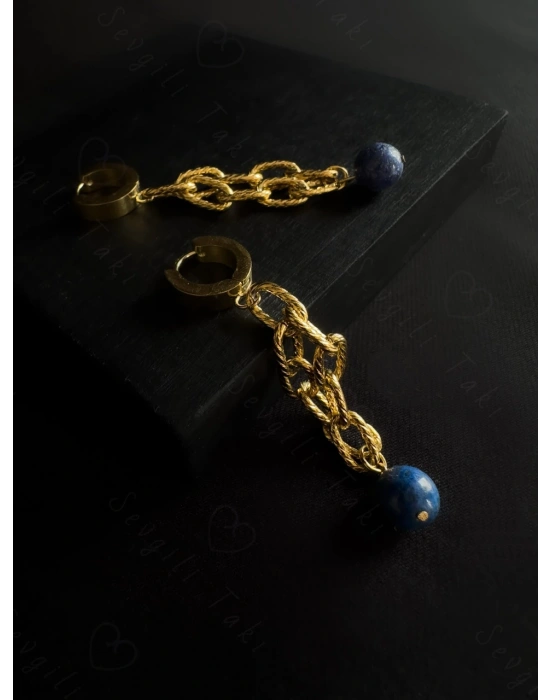 Lapis Lazuli Doğal Taşlı Gold Çelik Küpe | Sevgili Takı Koleksiyonu