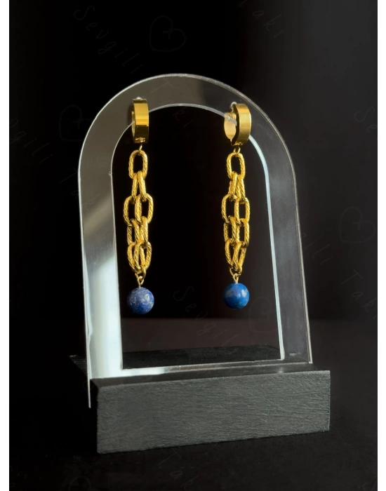 Lapis Lazuli Doğal Taşlı Gold Çelik Küpe | Sevgili Takı Koleksiyonu