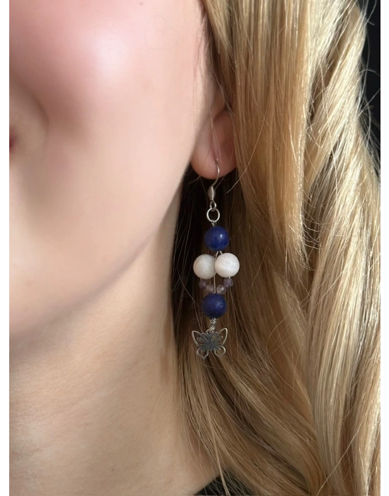 Lapis ve Ay Doğal Taşlı Çelik Küpe -Bağ Serisi