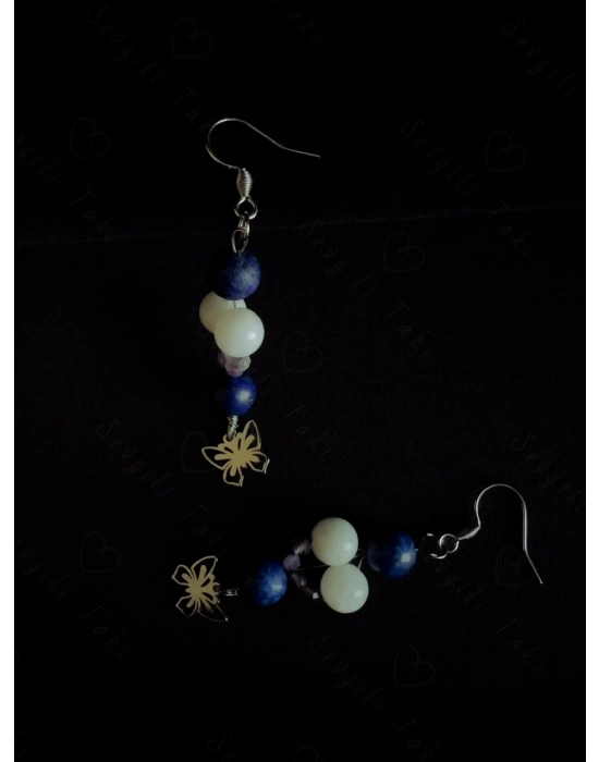 Lapis ve Ay Doğal Taşlı Çelik Küpe -Bağ Serisi