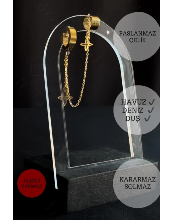 Lotus Detaylı Tragus / Kıkırdak Bağlantılı Gold Çelik Küpe | Şans Serisi (Bir Adet)