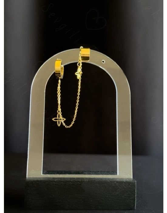 Lotus Detaylı Tragus / Kıkırdak Bağlantılı Gold Çelik Küpe | Şans Serisi (Bir Adet)