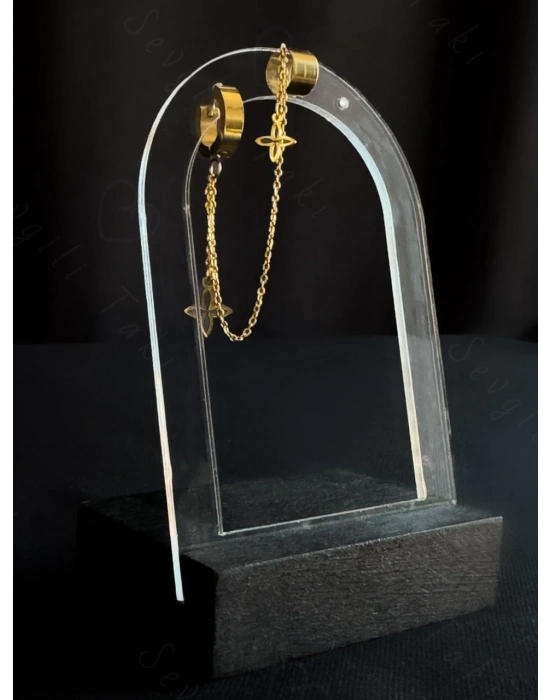 Lotus Detaylı Tragus / Kıkırdak Bağlantılı Gold Çelik Küpe | Şans Serisi (Bir Adet)