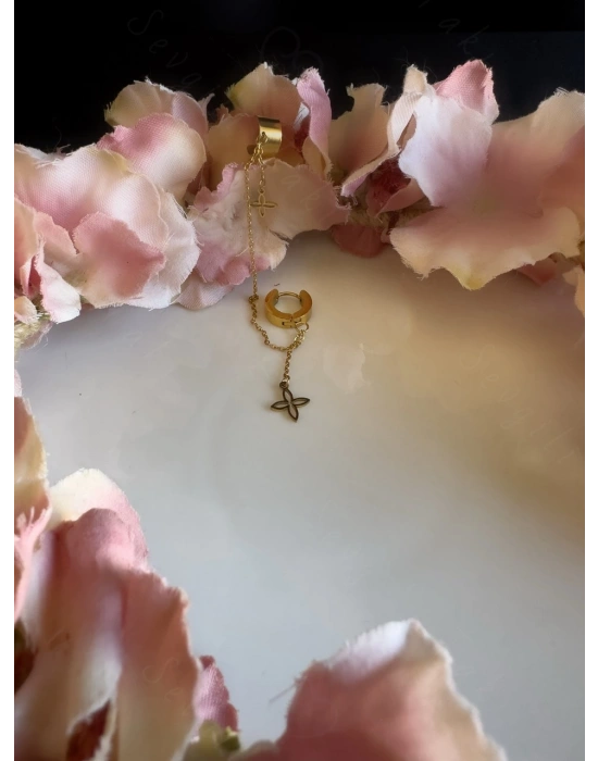 Lotus Detaylı Tragus / Kıkırdak Bağlantılı Gold Çelik Küpe | Şans Serisi (Bir Adet)