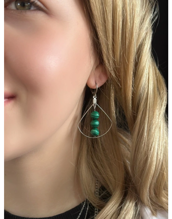 Malahit Doğal Taşlı Çelik Küpe -Vega Serisi