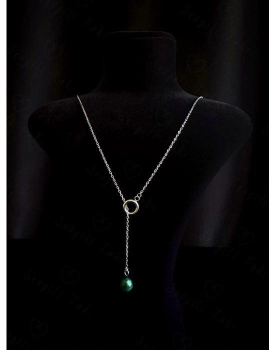 Y Model Malahit Doğal Taşlı Ayarlanabilir Çelik Kolye | Sevgili Takı Koleksiyonu