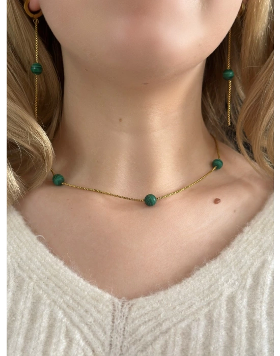 Malahit Doğal Taşlı Gold Çelik Kolye | Vega Serisi