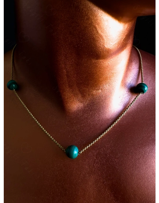 Malahit Doğal Taşlı Gold Çelik Kolye | Vega Serisi