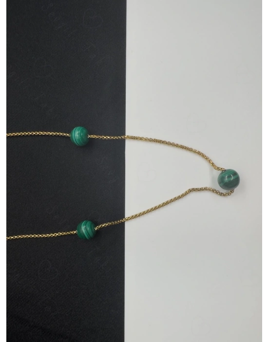Malahit Doğal Taşlı Gold Çelik Kolye | Vega Serisi