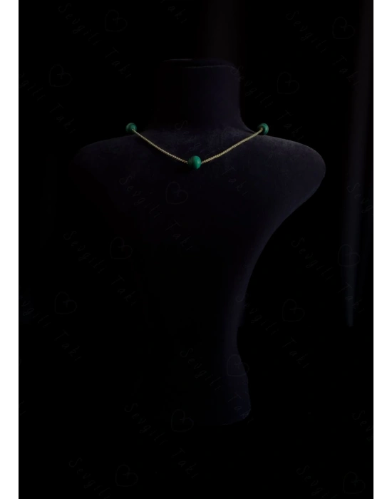 Malahit Doğal Taşlı Gold Çelik Kolye | Vega Serisi