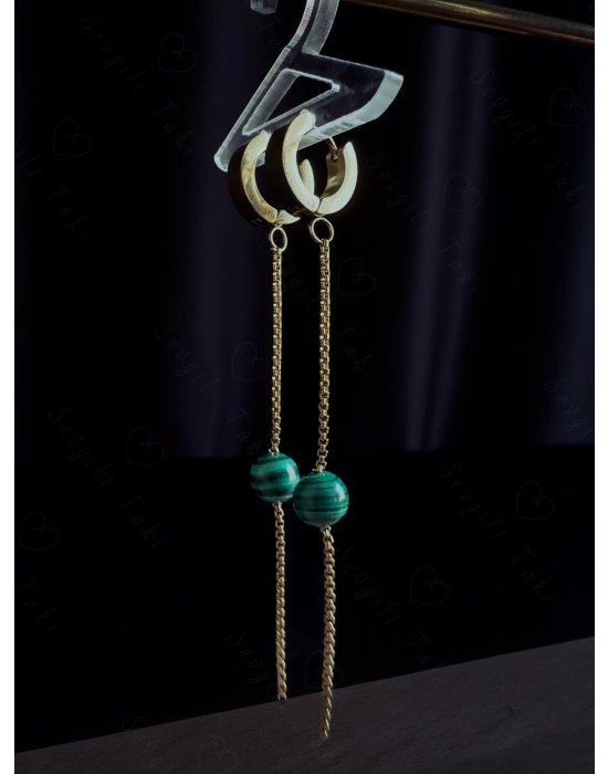 Malahit Doğal Taşlı Çelik Küpe -Vega Serisi