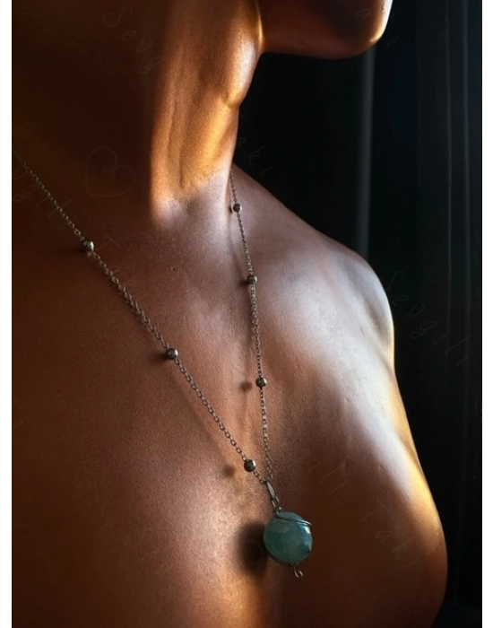 Mavi Akik Doğal Taşlı Çelik Kolye -Gezegen Serisi