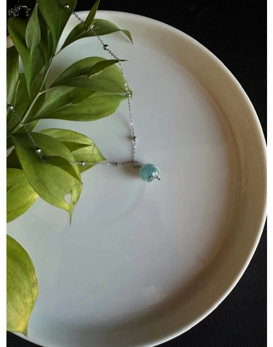 Mavi Akik Doğal Taşlı Çelik Kolye -Gezegen Serisi