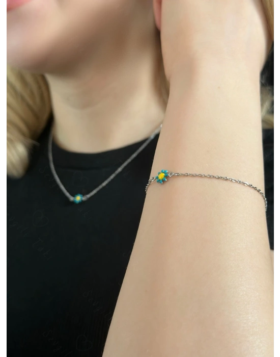 Mavi Papatya Charmlı Çelik Kolye ve Bileklik Takımı | 777 Serisi