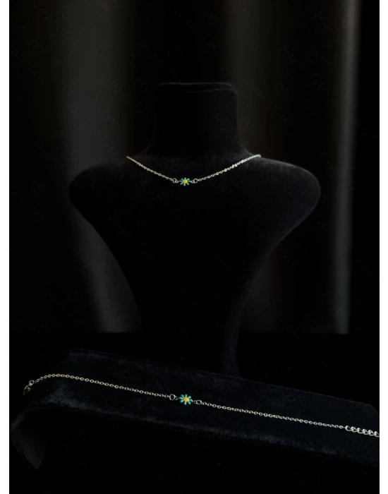 Mavi Papatya Charmlı Çelik Kolye ve Bileklik Takımı | 777 Serisi