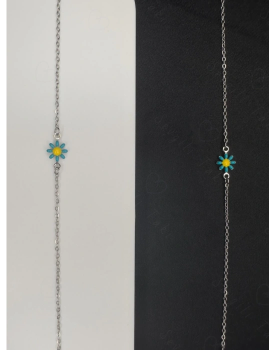 Mavi Papatya Charmlı Çelik Kolye ve Bileklik Takımı | 777 Serisi