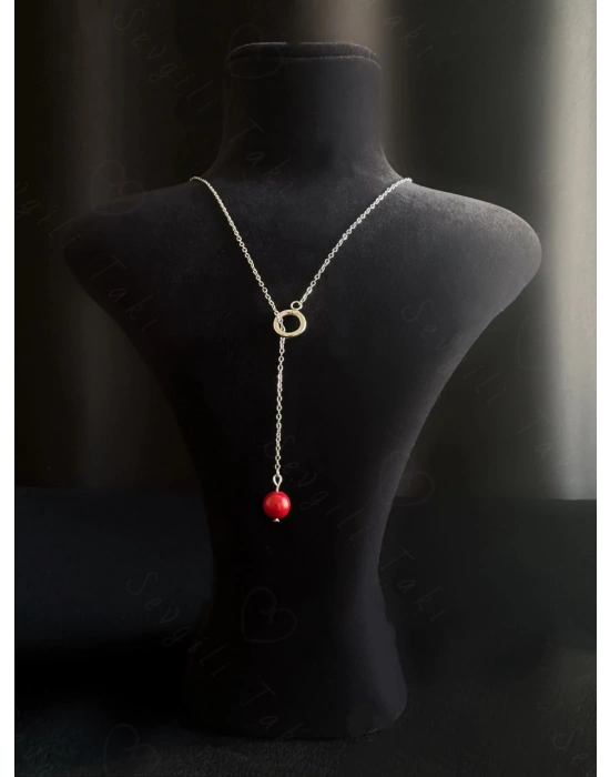 Y Model Mercan Doğal Taşlı Ayarlanabilir Çelik Kolye -Sevgili Takı Koleksiyonu