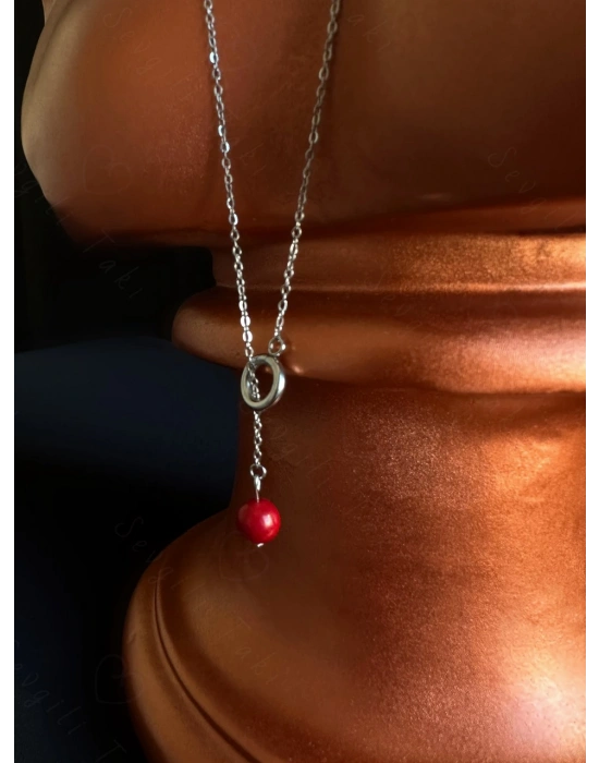 Y Model Mercan Doğal Taşlı Ayarlanabilir Çelik Kolye -Sevgili Takı Koleksiyonu