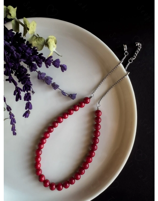 Mercan Doğal Taşlı Çelik Kolye -Pure Serisi