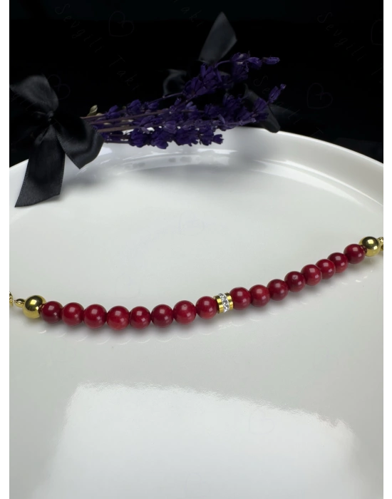 Mercan Doğal Taşlı Gold Çelik Bileklik | Anthozua Serisi