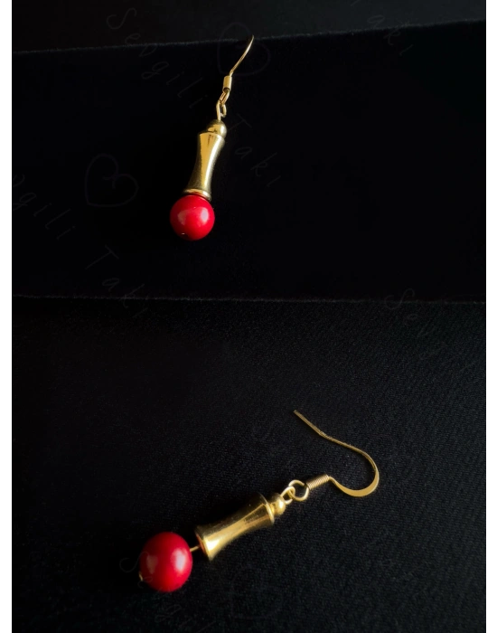 Mercan Doğal Taşlı Gold Çelik Küpe | Vega Serisi