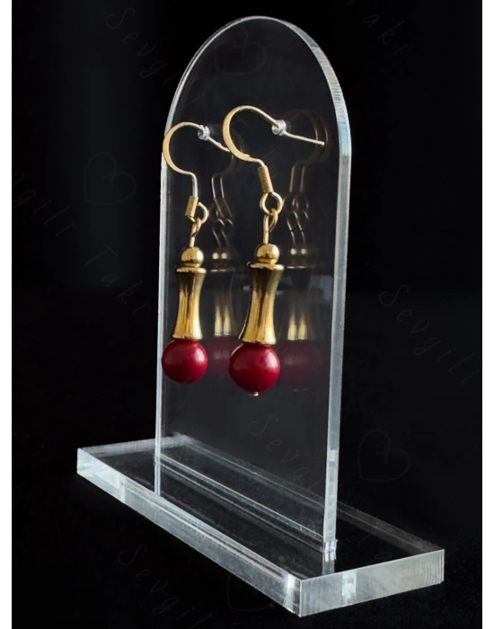 Mercan Doğal Taşlı Gold Çelik Küpe | Vega Serisi